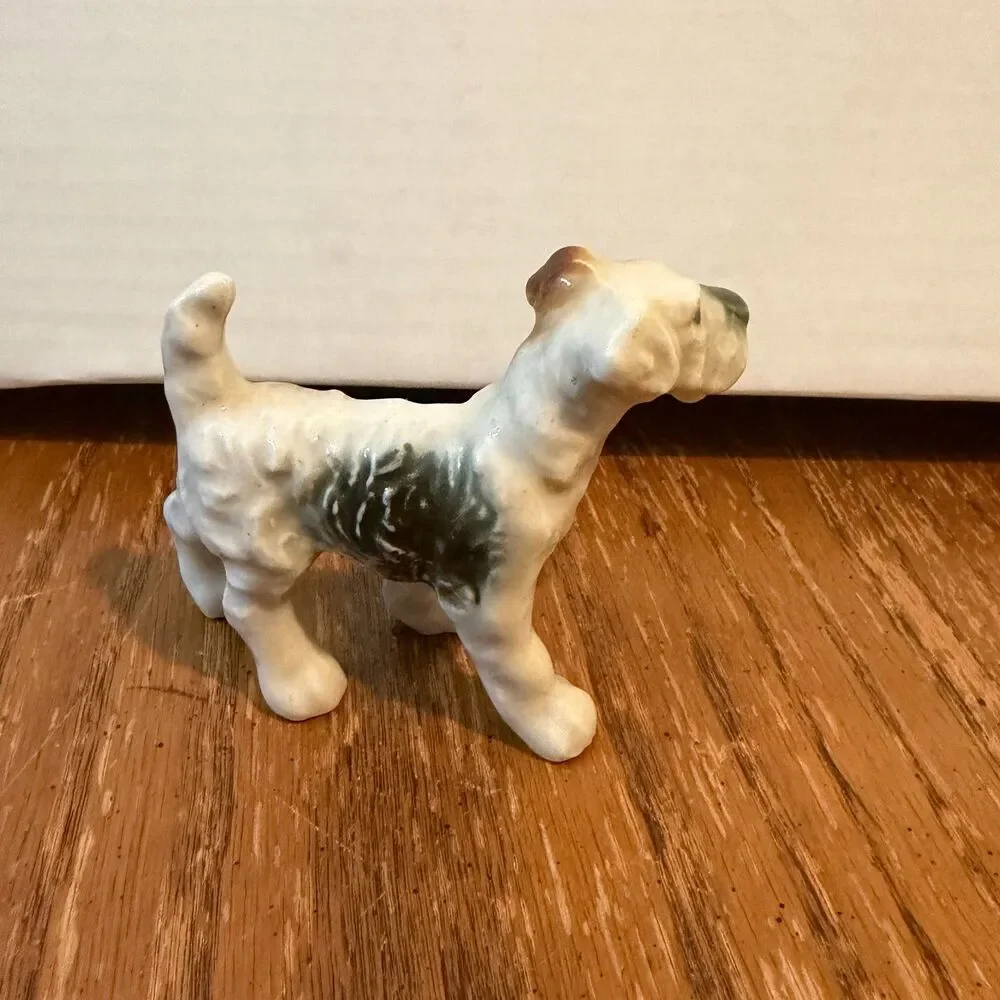 Vintage Wire Fox Terrier Ceramic Dog Figurine White Brown Black 3